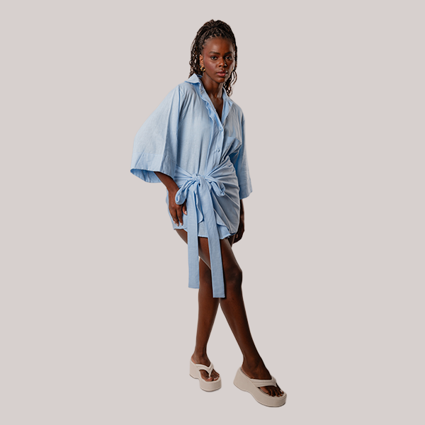 Camisa de Linho Manga 3/4 Azul Celeste