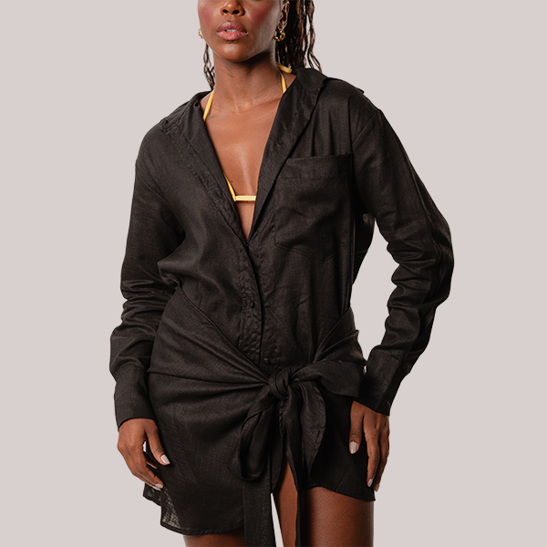 Conjunto Camisa Manga Longa e Short Linho Preto