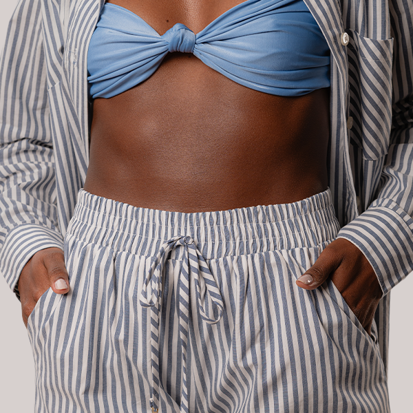 Calça Reta Em Listras Azul