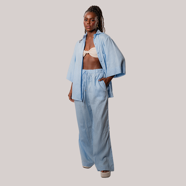 Calça de Linho Ampla Azul Celeste