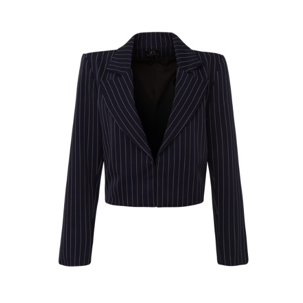 Blazer Cropped Alfaiataria Risca de Giz Azul Marinho