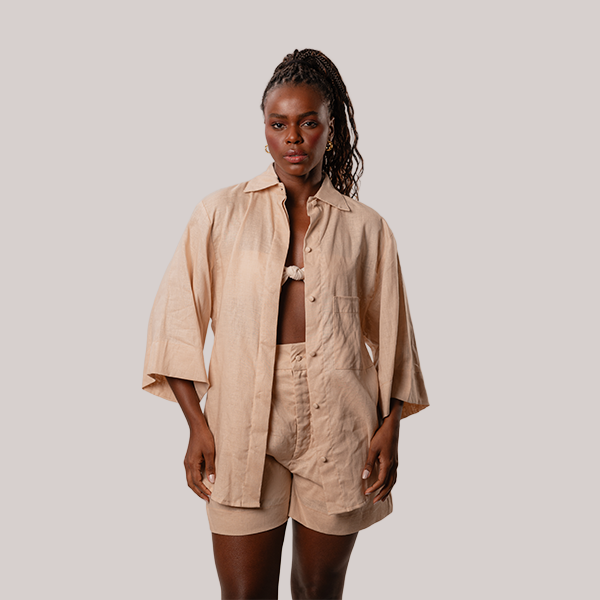 Conjunto Camisa Manga Longa Areia + Short Linho Areia