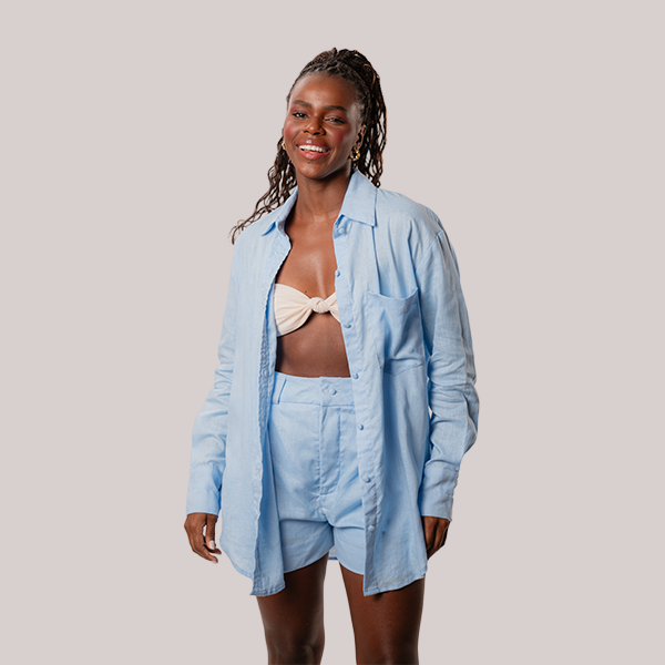 Camisa de Linho Manga Longa Azul Celeste