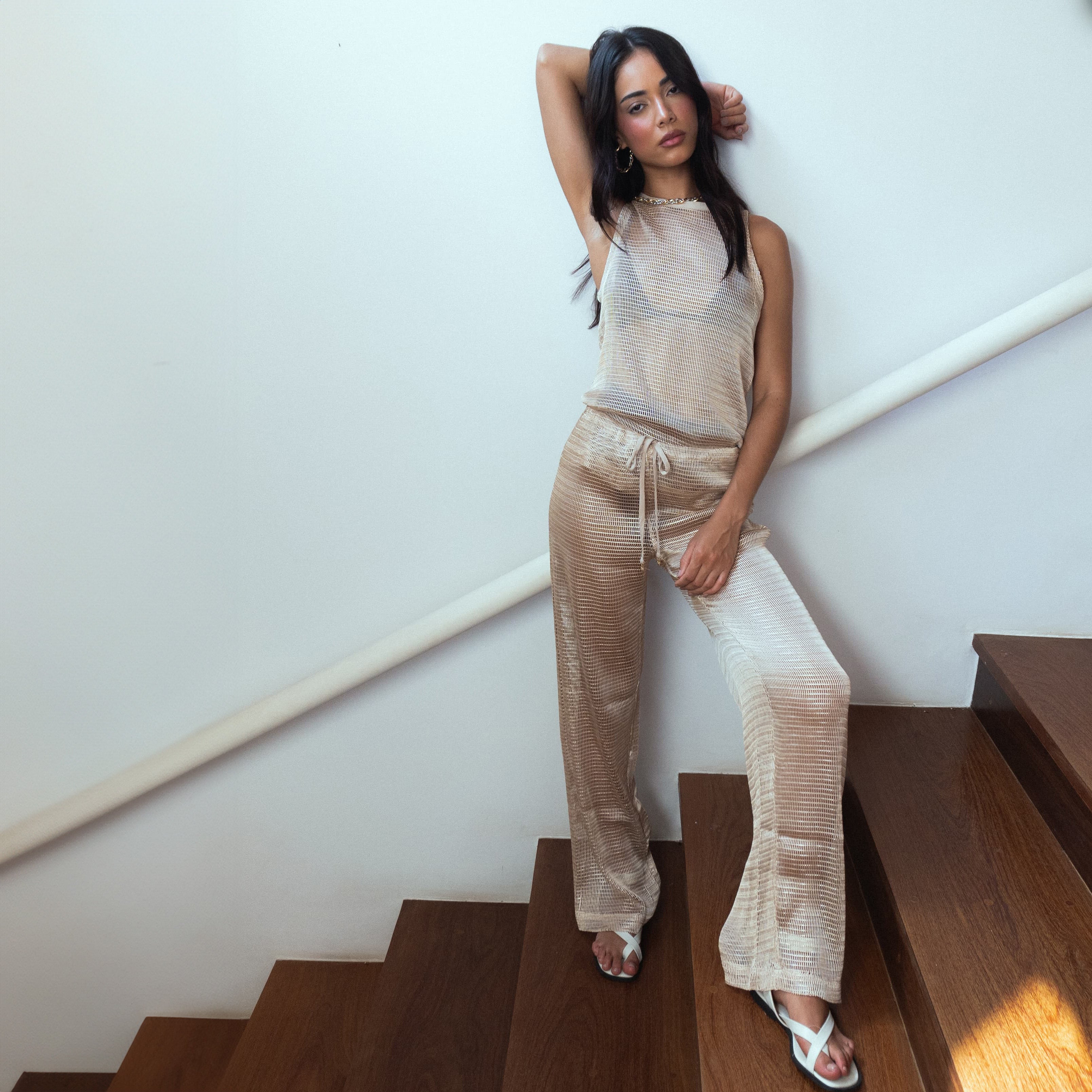 Calça Reta Em Tela Polana Pale Gold