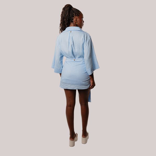 Camisa de Linho Manga 3/4 Azul Celeste