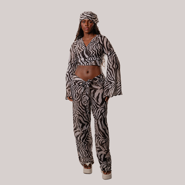 Calça Com Amarração Frontal Em Chiffon Zebra
