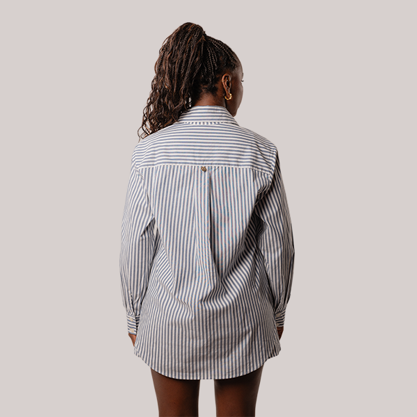 Camisa Over Manga Longa Em Listras Azul