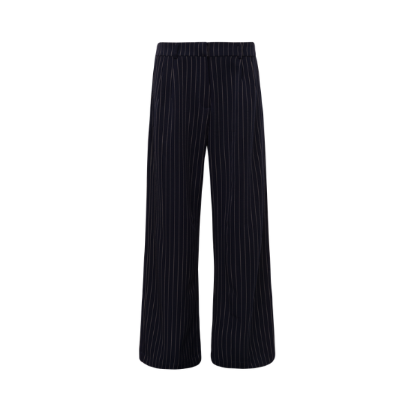 Calça Reta Alfaiataria Risca de Giz Azul Marinho