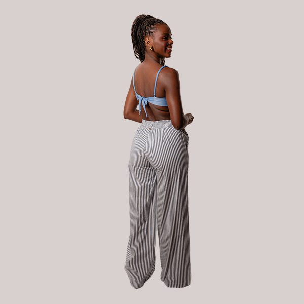 Calça Reta Em Listras Azul